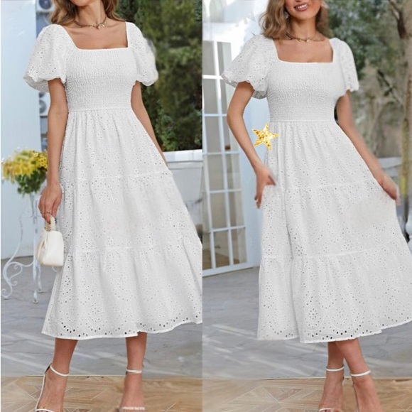Luxe white lace puff sleeve shirred maxi dress - Picture 6 of 6